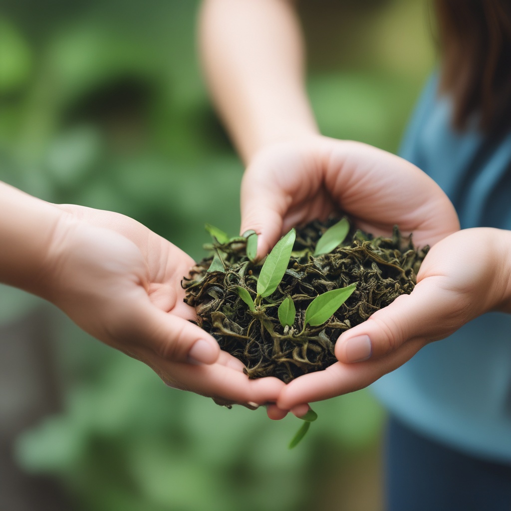 Member 2 holding green tea leaves